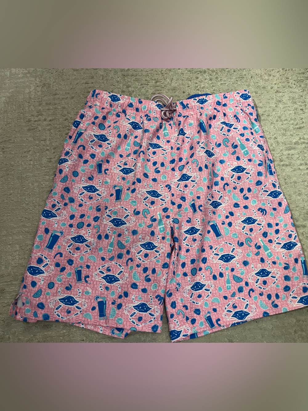 Peter Millar Pink Swim Trunks with Blue and Teal Pattern
